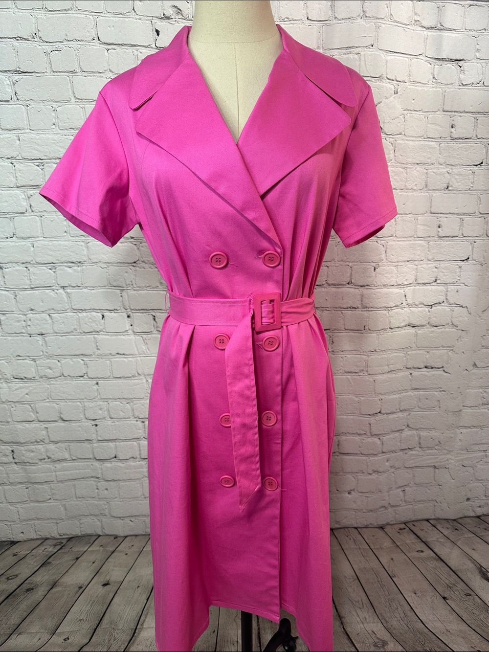 Vintage Giorgio Fiorlini Pink Double Breasted Trench Midi Dress Belted USA 14